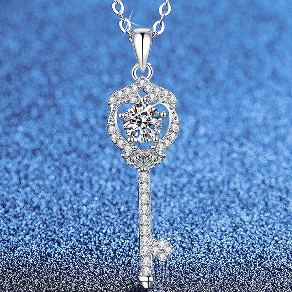 Slim Key Moissanite Pendant Necklace with Cubic Zirconia in Platinum-Plated S925 Sterling Silver blue background product view