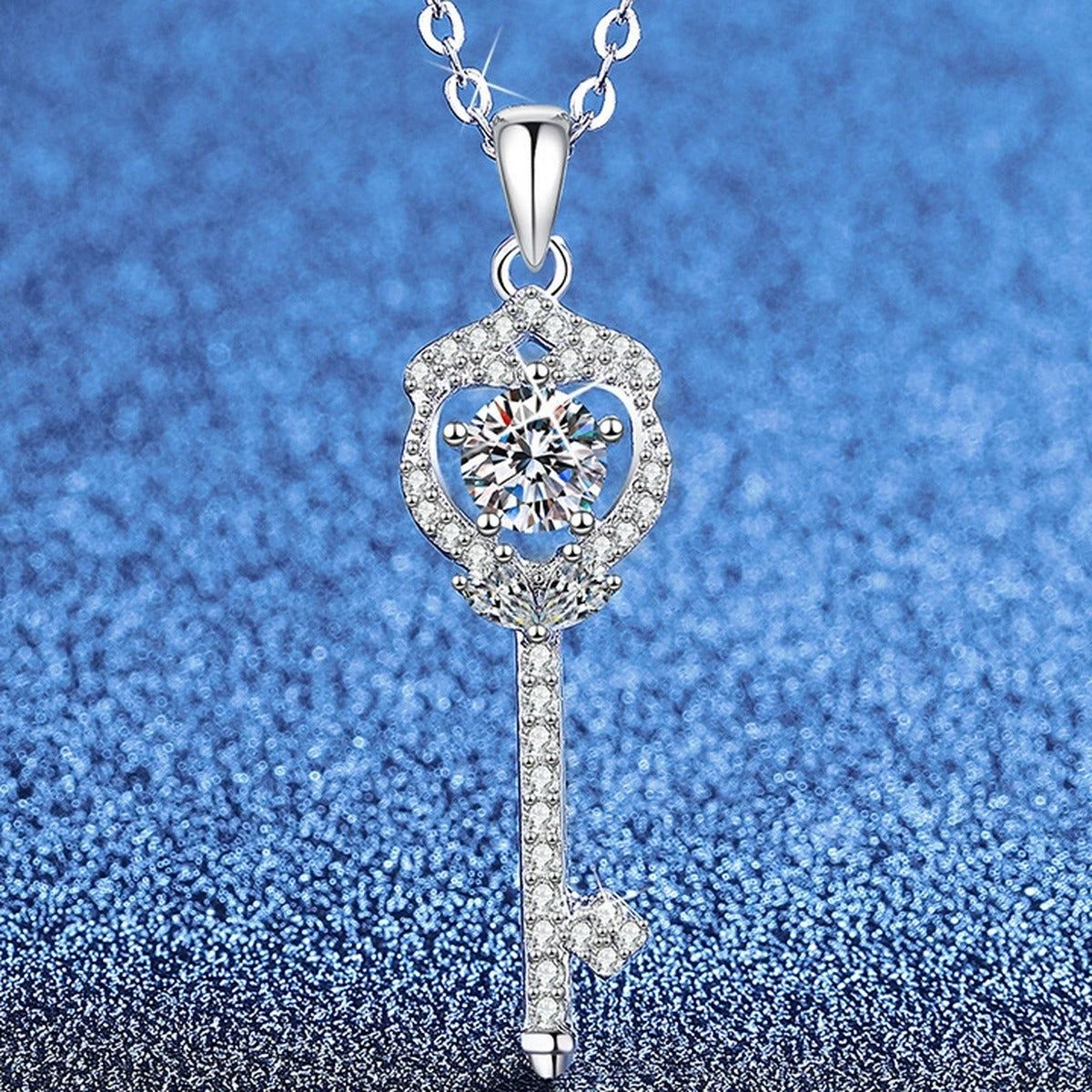 Slim Key Moissanite Pendant Necklace with Cubic Zirconia in Platinum-Plated S925 Sterling Silver blue background product view