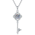 Pave Key Moissanite Pendant Necklace with Cubic Zirconia in Platinum-Plated S925 Sterling Silver on clean white background showing the pavé key pendant with a round moissanite center