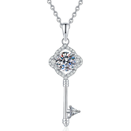 Pave Key Moissanite Pendant Necklace with Cubic Zirconia in Platinum-Plated S925 Sterling Silver on clean white background showing the pavé key pendant with a round moissanite center