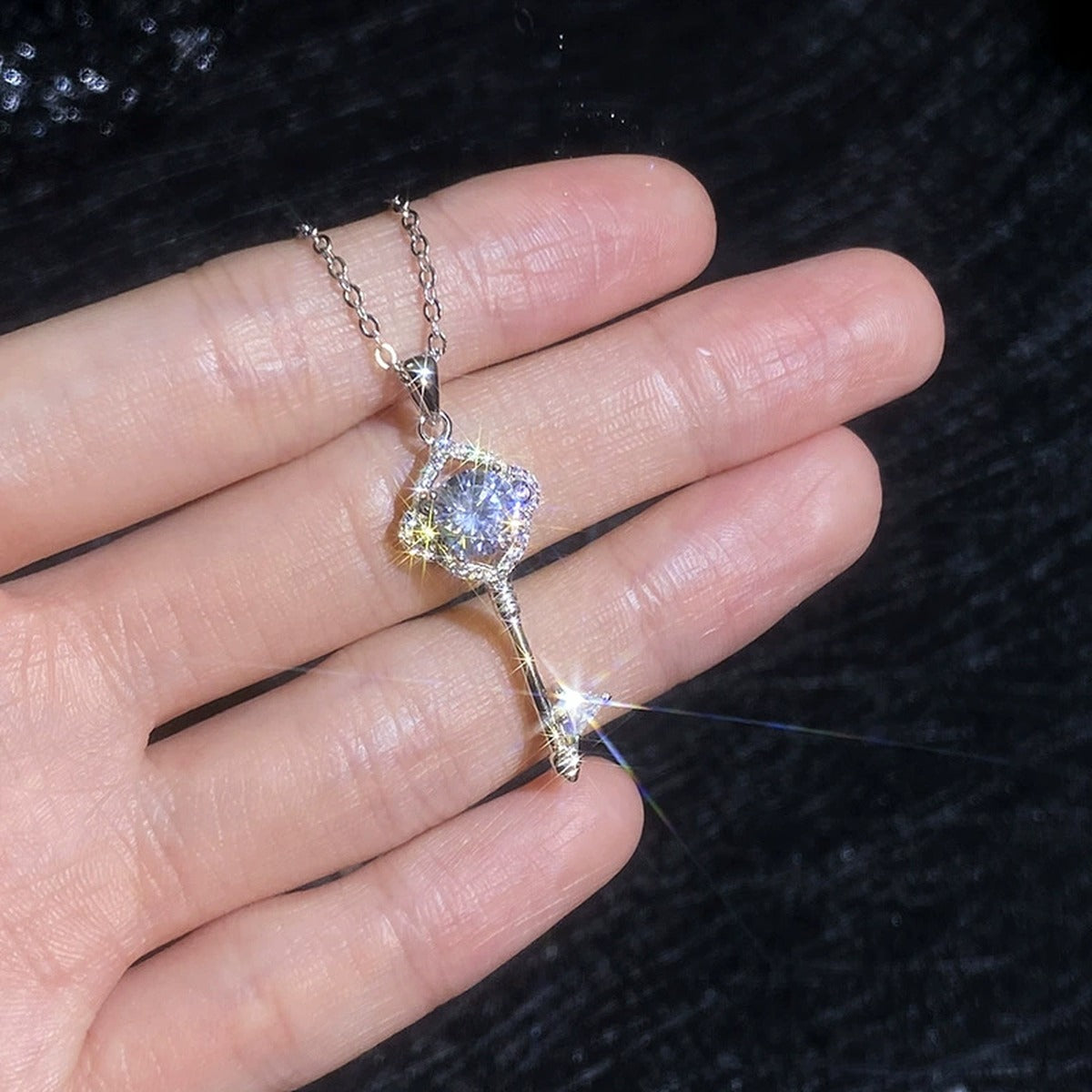 Pave Key Moissanite Pendant Necklace with Cubic Zirconia in Platinum-Plated S925 Sterling Silver close-up product detail view
