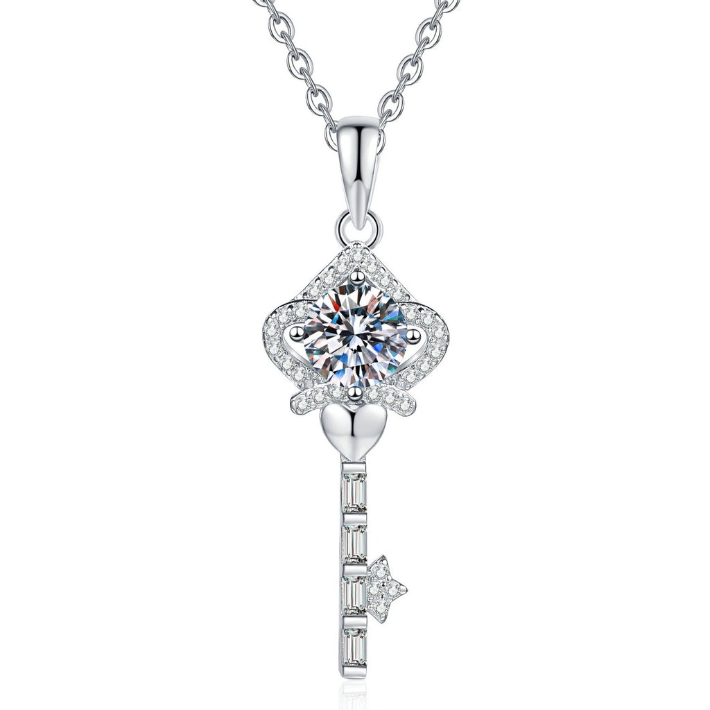 Ornate Key Moissanite Pendant Necklace with Cubic Zirconia in Platinum-Plated S925 Sterling Silver on clean white background showing the ornate key pendant with a round moissanite center and cubic zirconia accents