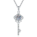 Ornate Key Moissanite Pendant Necklace with Cubic Zirconia in Platinum-Plated S925 Sterling Silver on clean white background showing the ornate key pendant with a round moissanite center and cubic zirconia accents