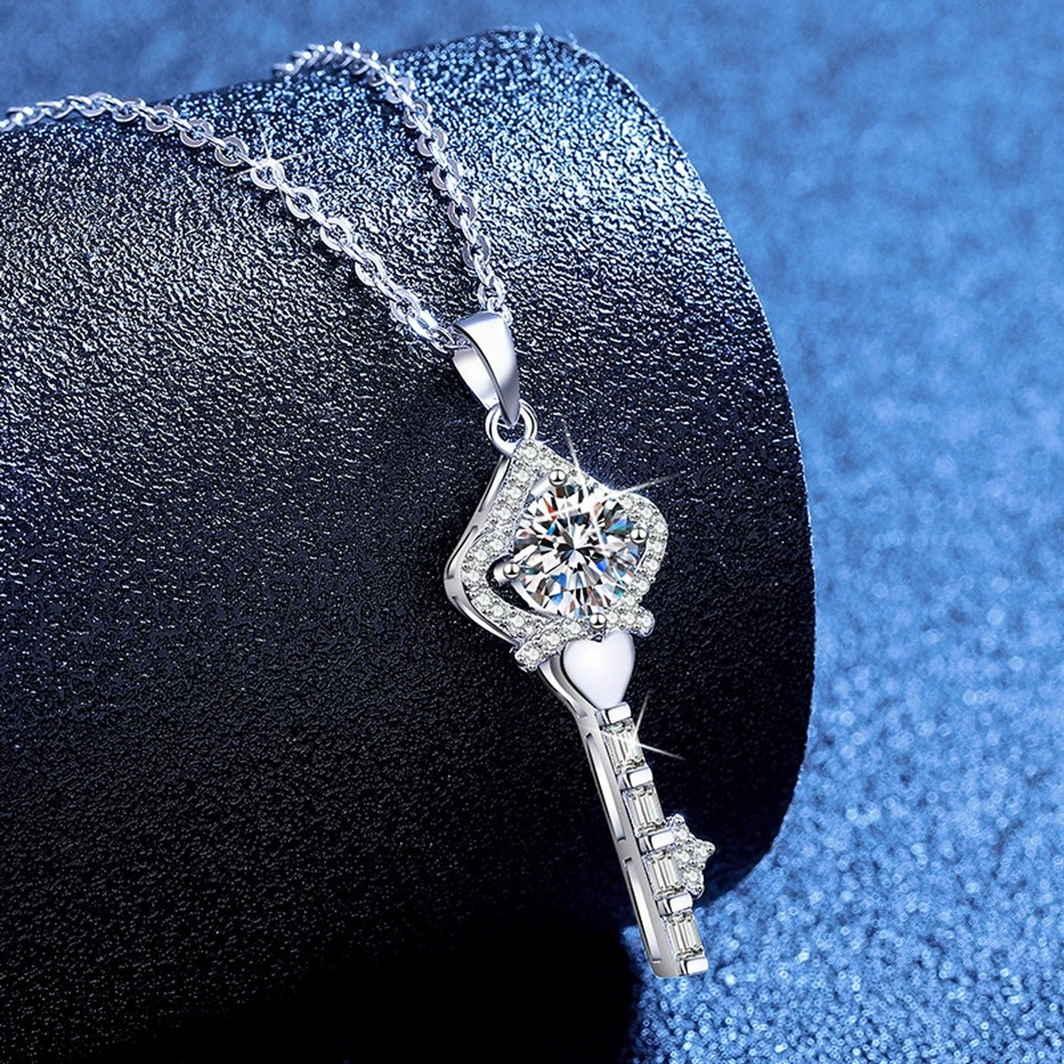 Ornate Key Moissanite Pendant Necklace with Cubic Zirconia in Platinum-Plated S925 Sterling Silver blue background product view
