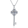 Star Key Moissanite Pendant Necklace with Cubic Zirconia in Platinum-Plated S925 Sterling Silver on clean white background showing the star-topped key pendant with a round moissanite center