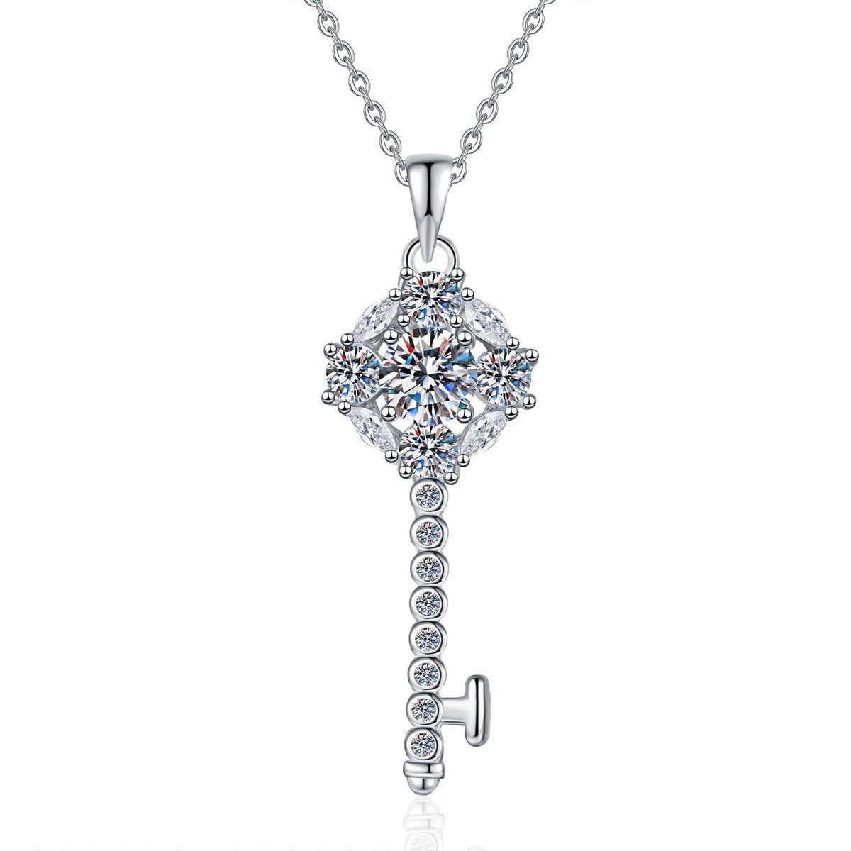 Star Key Moissanite Pendant Necklace with Cubic Zirconia in Platinum-Plated S925 Sterling Silver on clean white background showing the star-topped key pendant with a round moissanite center