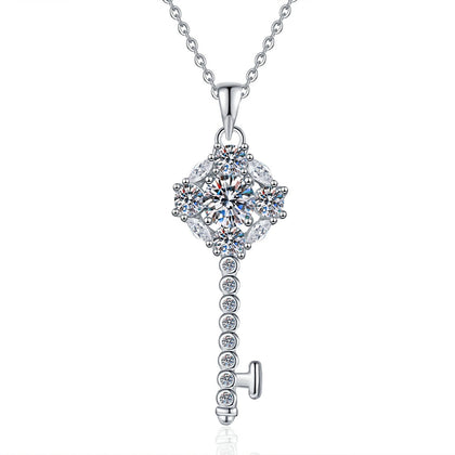 Star Key Moissanite Pendant Necklace with Cubic Zirconia in Platinum-Plated S925 Sterling Silver on clean white background showing the star-topped key pendant with a round moissanite center
