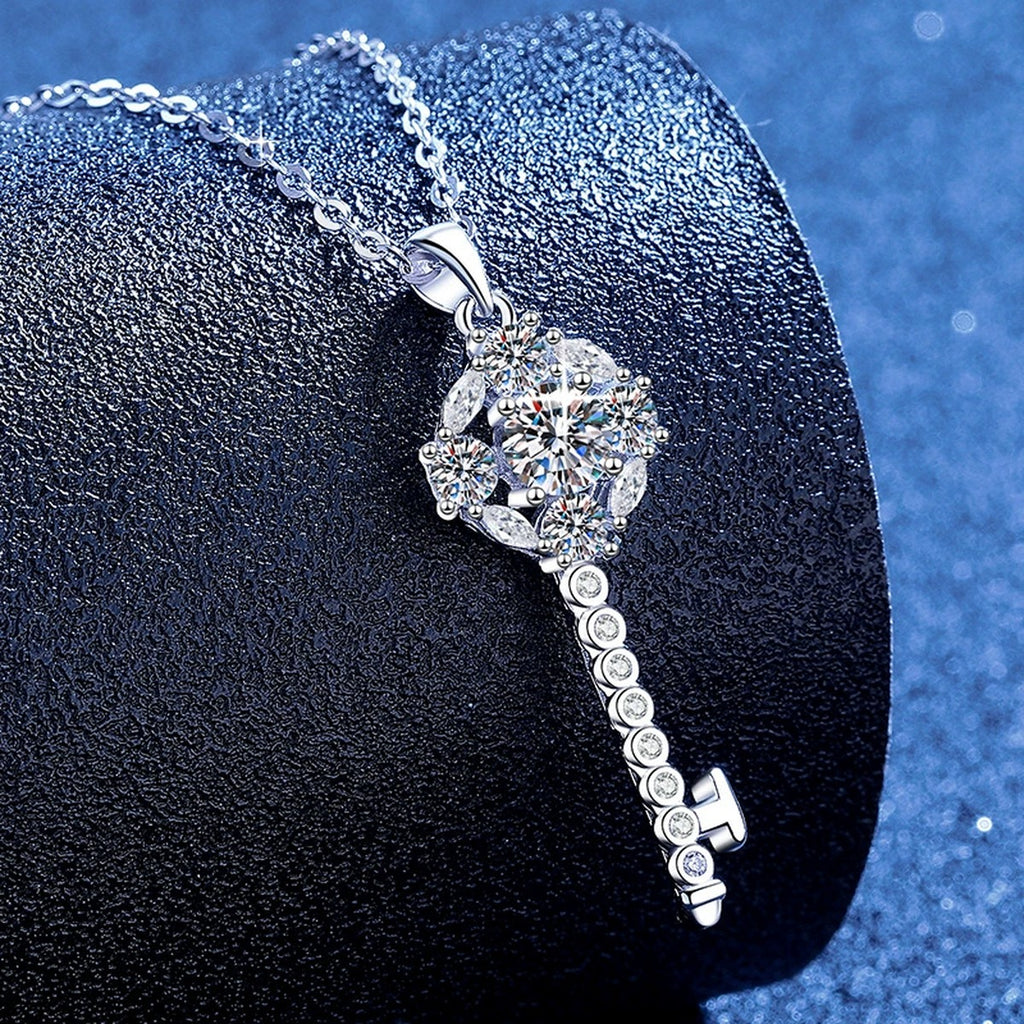 Star Key Moissanite Pendant Necklace with Cubic Zirconia in Platinum-Plated S925 Sterling Silver blue background product view