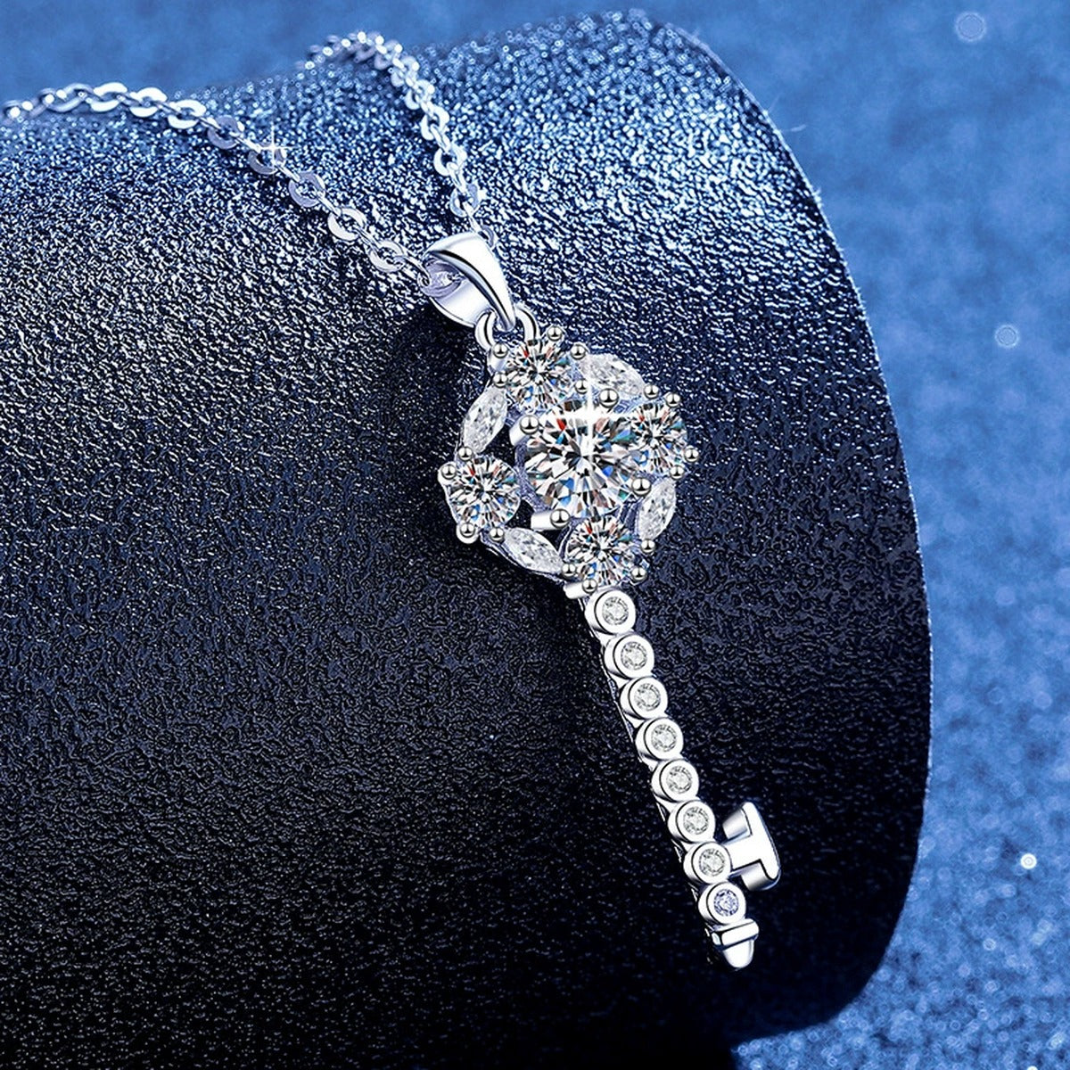 Star Key Moissanite Pendant Necklace with Cubic Zirconia in Platinum-Plated S925 Sterling Silver blue background product view