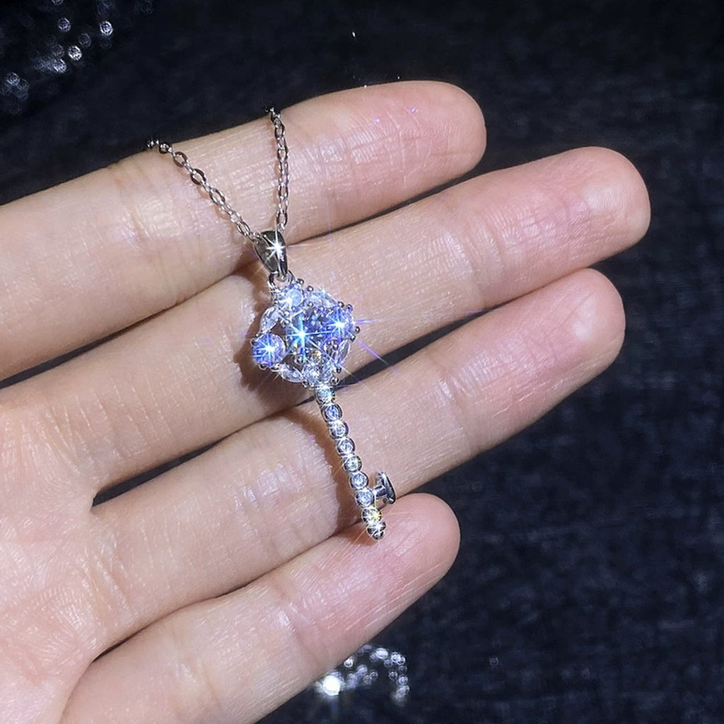 Star Key Moissanite Pendant Necklace with Cubic Zirconia in Platinum-Plated S925 Sterling Silver close-up product detail view