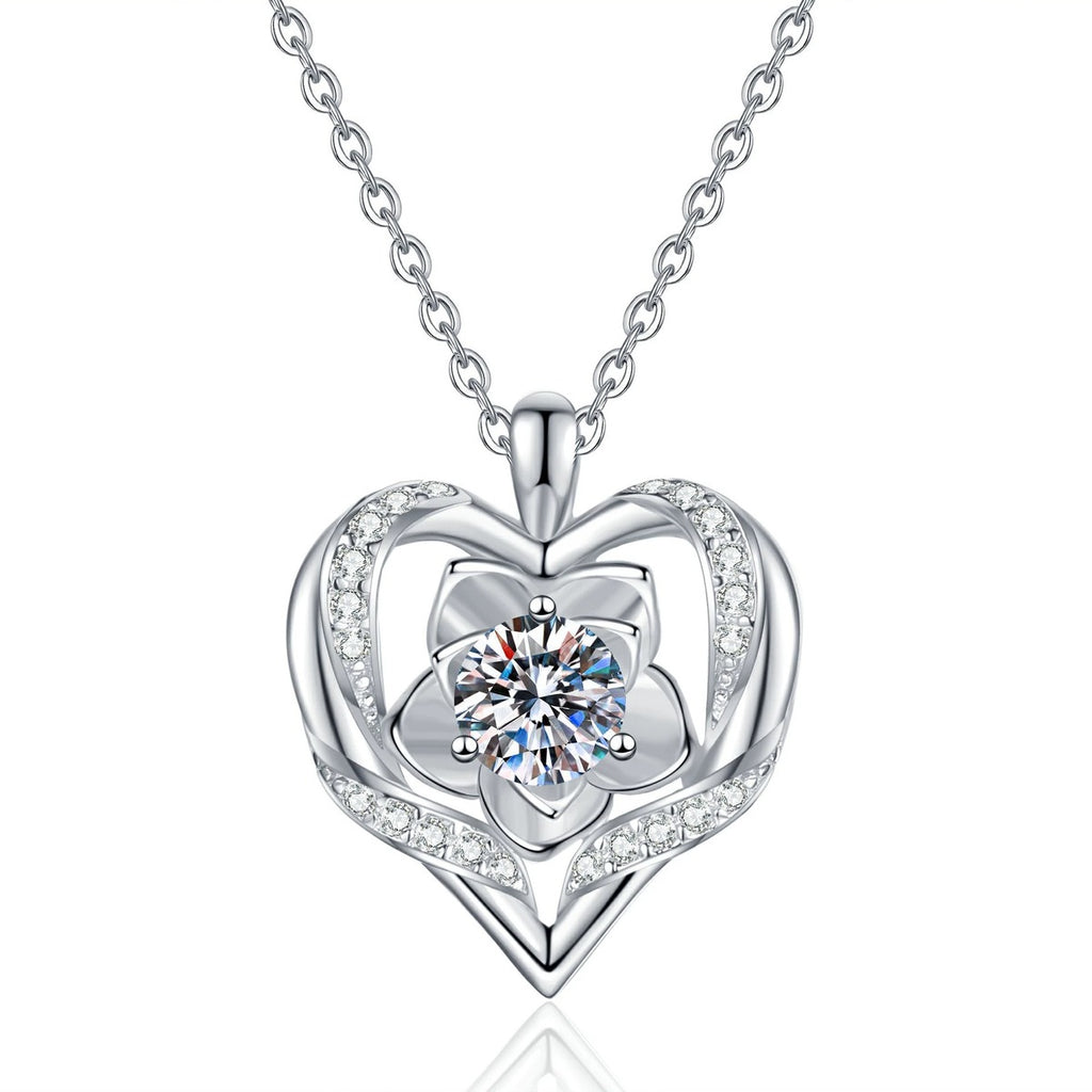 Layered Heart Moissanite Pendant Necklace with Cubic Zirconia in Platinum-Plated S925 Sterling Silver on clean white background showing the layered open heart pendant with a round moissanite center