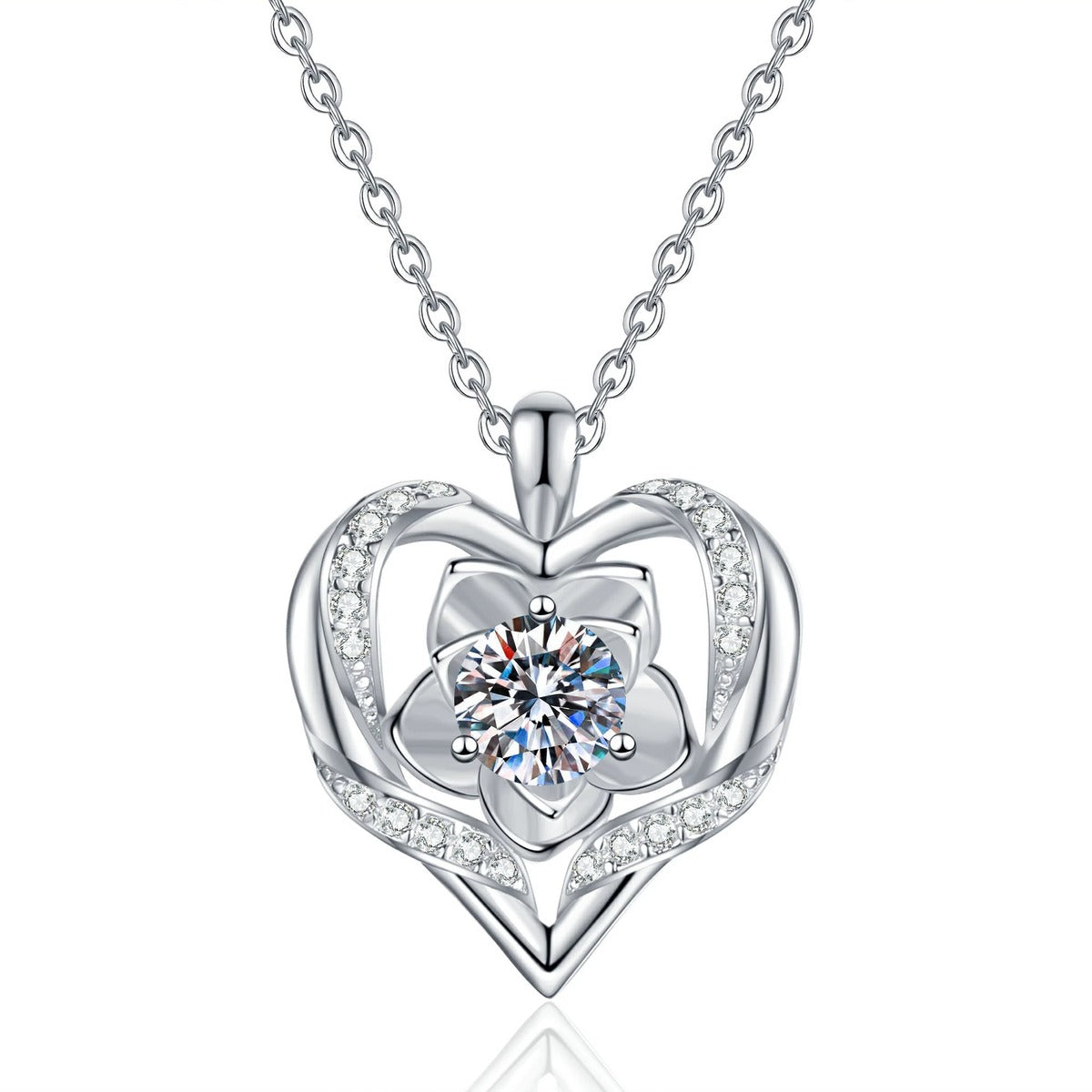 Layered Heart Moissanite Pendant Necklace with Cubic Zirconia in Platinum-Plated S925 Sterling Silver on clean white background showing the layered open heart pendant with a round moissanite center