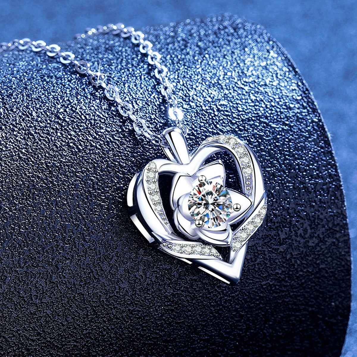 Layered Heart Moissanite Pendant Necklace with Cubic Zirconia in Platinum-Plated S925 Sterling Silver blue background product view