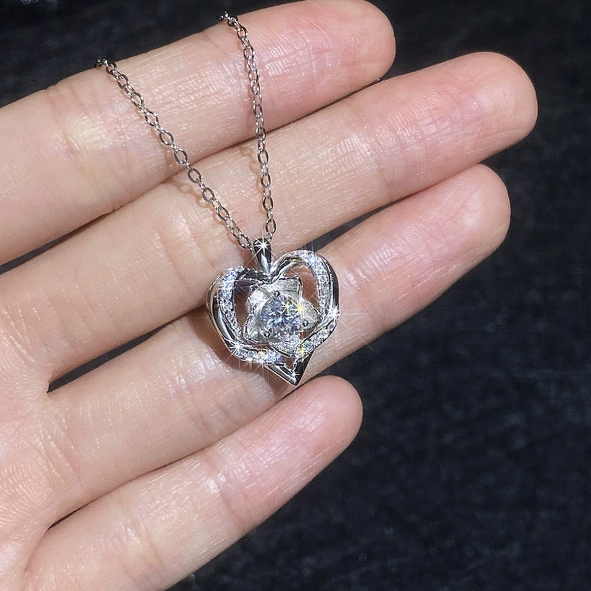 Layered Heart Moissanite Pendant Necklace with Cubic Zirconia in Platinum-Plated S925 Sterling Silver close-up product detail view