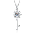 Snowflake Key Moissanite Pendant Necklace with Cubic Zirconia in Platinum-Plated S925 Sterling Silver on clean white background showing the snowflake key pendant with a round moissanite center