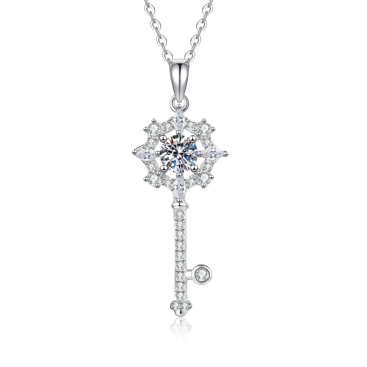 Snowflake Key Moissanite Pendant Necklace with Cubic Zirconia in Platinum-Plated S925 Sterling Silver on clean white background showing the snowflake key pendant with a round moissanite center