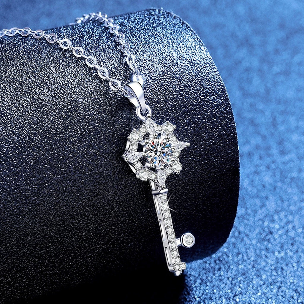 Snowflake Key Moissanite Pendant Necklace with Cubic Zirconia in Platinum-Plated S925 Sterling Silver blue background product view