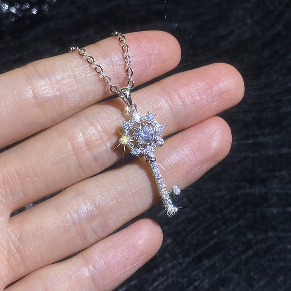 Snowflake Key Moissanite Pendant Necklace with Cubic Zirconia in Platinum-Plated S925 Sterling Silver close-up product detail view