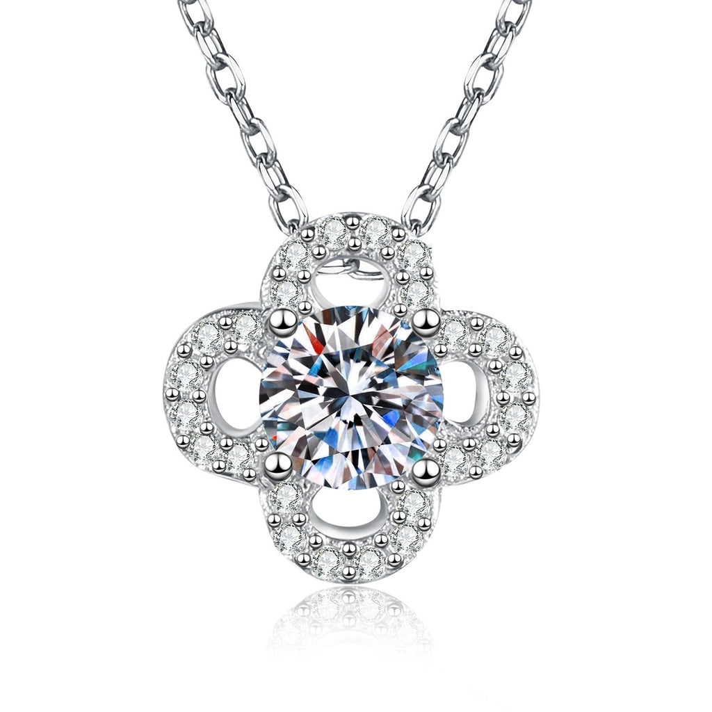 Clover Flower Moissanite Pendant Necklace with Cubic Zirconia in Platinum-Plated S925 Sterling Silver on clean white background showing the clover flower halo pendant with a round moissanite center