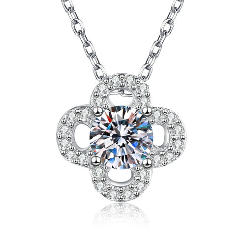 Clover Flower Moissanite Pendant Necklace with Cubic Zirconia in Platinum-Plated S925 Sterling Silver on clean white background showing the clover flower halo pendant with a round moissanite center