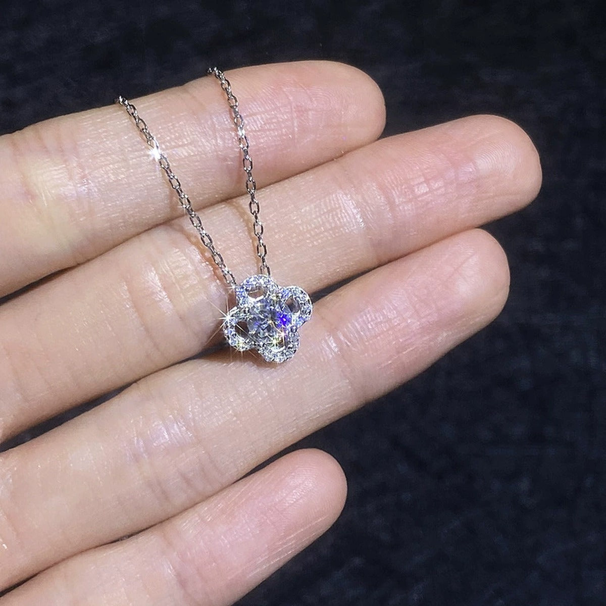 Clover Flower Moissanite Pendant Necklace with Cubic Zirconia in Platinum-Plated S925 Sterling Silver close-up product detail view