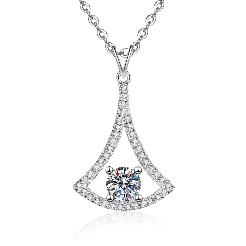 Fan Kite Moissanite Pendant Necklace with Cubic Zirconia in Platinum-Plated S925 Sterling Silver on clean white background showing the fan-kite pendant with a round moissanite center and cubic zirconia accents