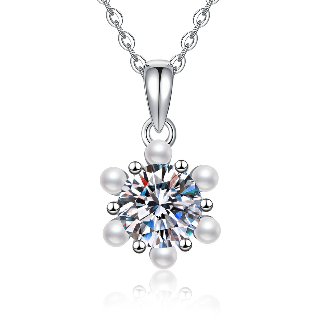 Floral Pearl Moissanite Pendant Necklace in Platinum-Plated S925 Sterling Silver on clean white background showing the floral pearl halo pendant with a round moissanite center
