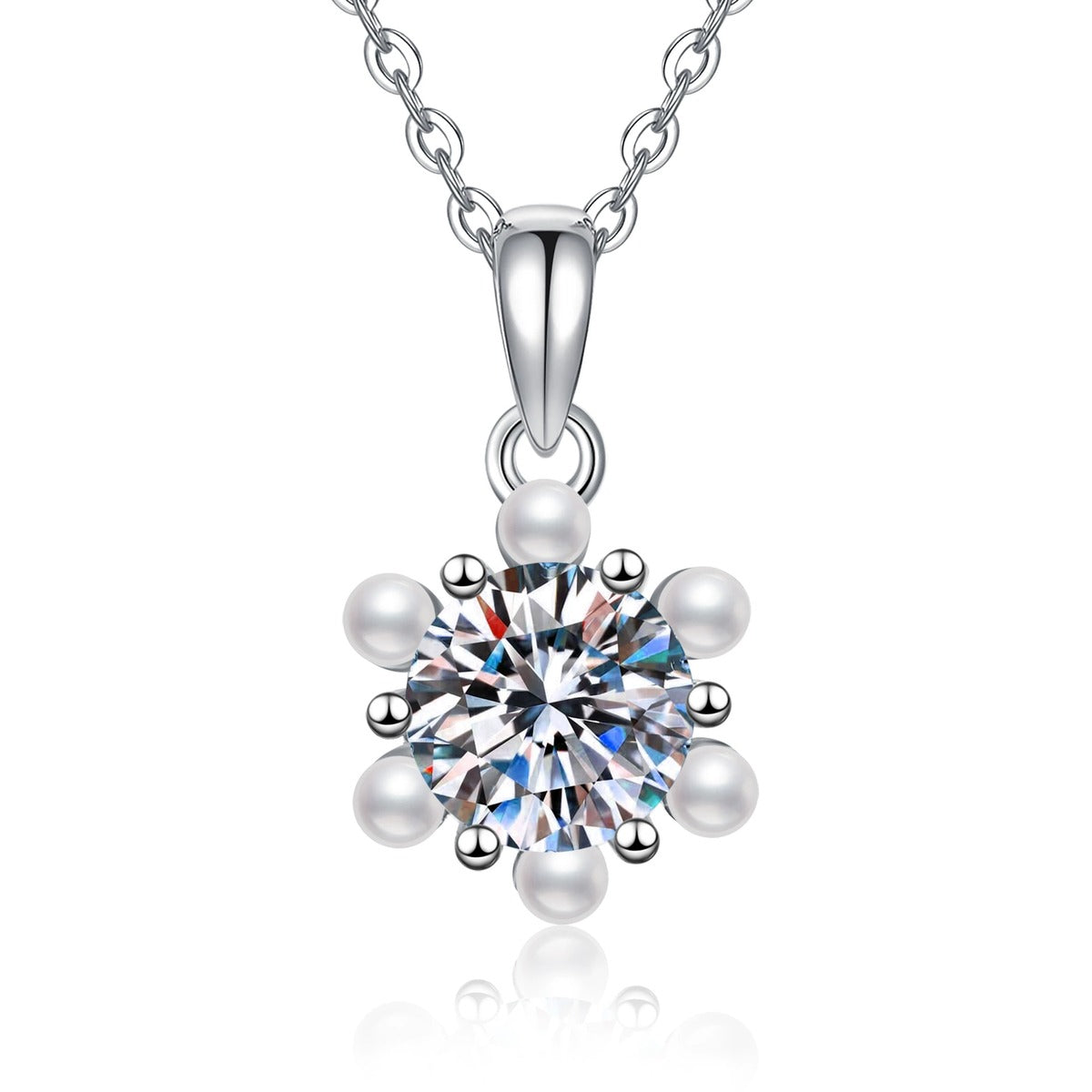 Floral Pearl Moissanite Pendant Necklace in Platinum-Plated S925 Sterling Silver on clean white background showing the floral pearl halo pendant with a round moissanite center