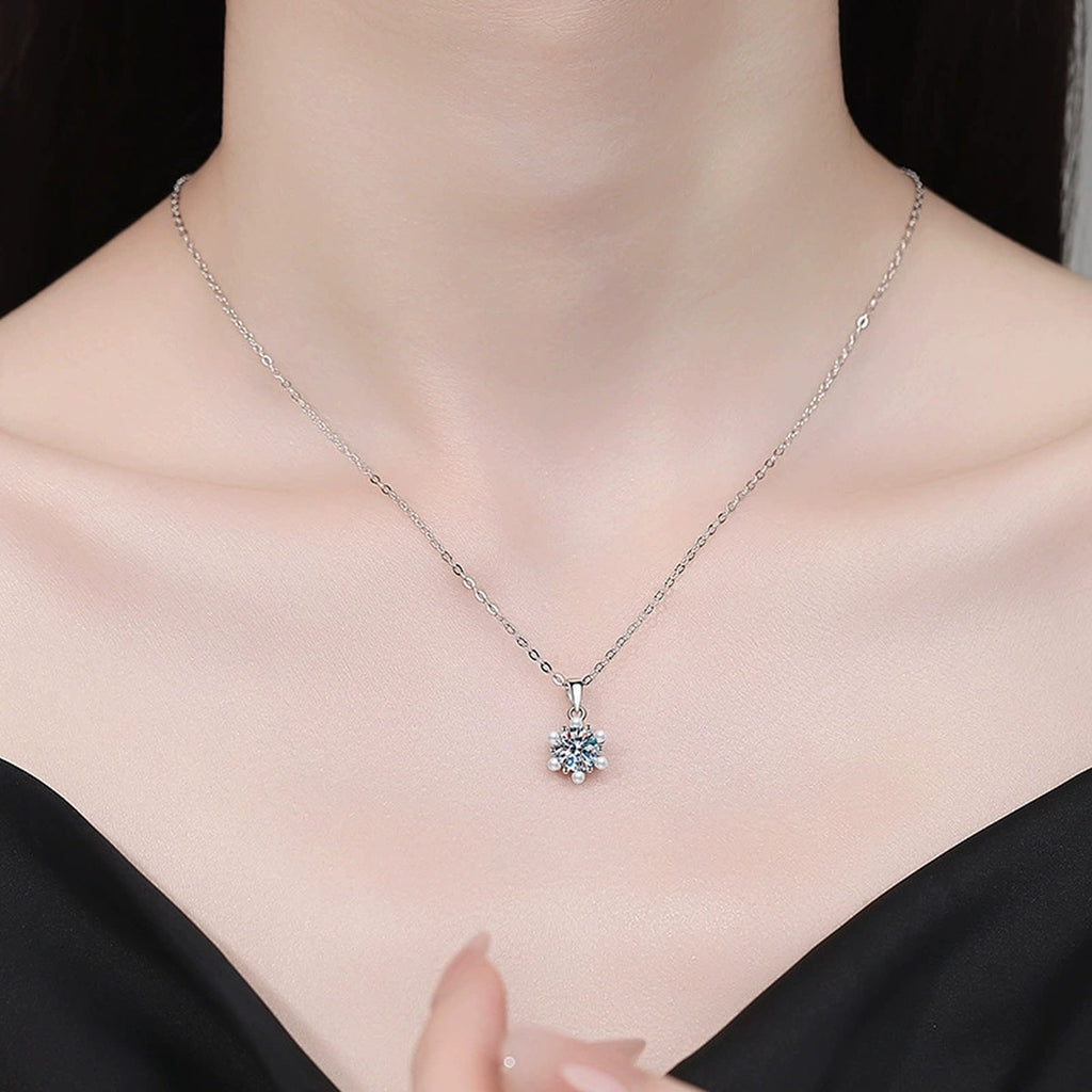 Floral Pearl Moissanite Pendant Necklace in Platinum-Plated S925 Sterling Silver worn on neckline by model