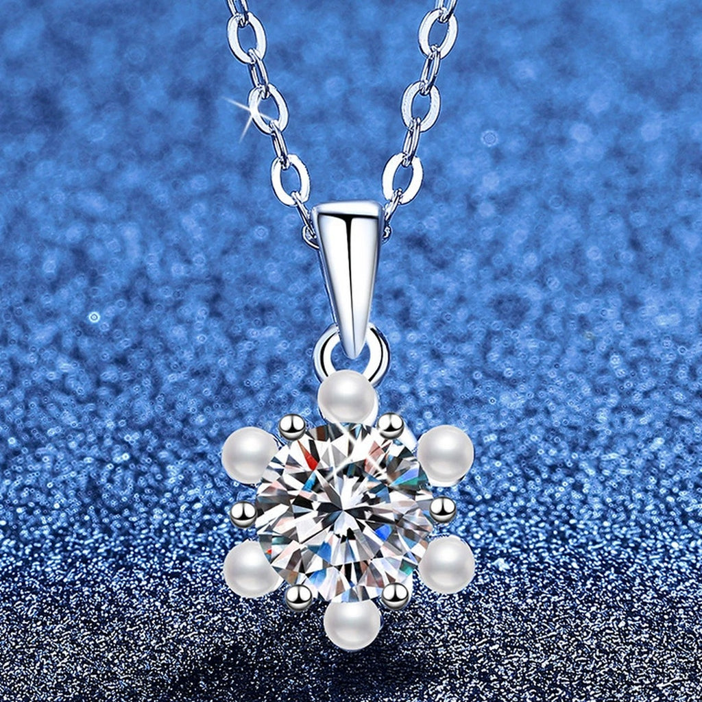 Floral Pearl Moissanite Pendant Necklace in Platinum-Plated S925 Sterling Silver blue background product view