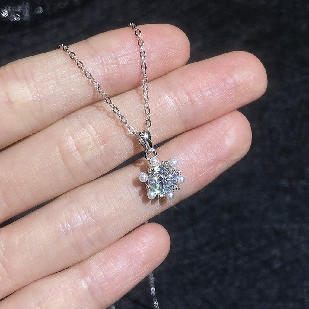 Floral Pearl Moissanite Pendant Necklace in Platinum-Plated S925 Sterling Silver close-up product detail view