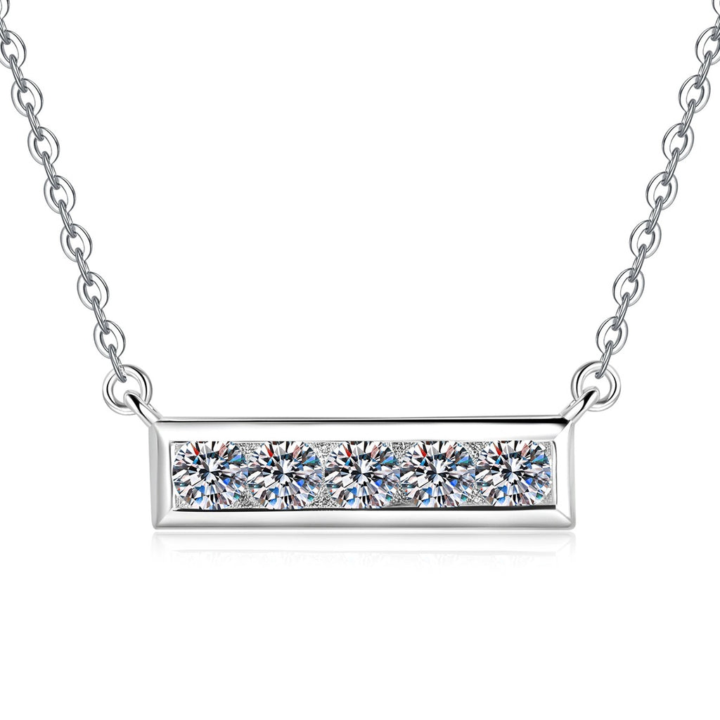 Five-Stone Moissanite Bar Necklace in Platinum-Plated S925 Sterling Silver on clean white background showing the horizontal bar necklace set with five round moissanite stones