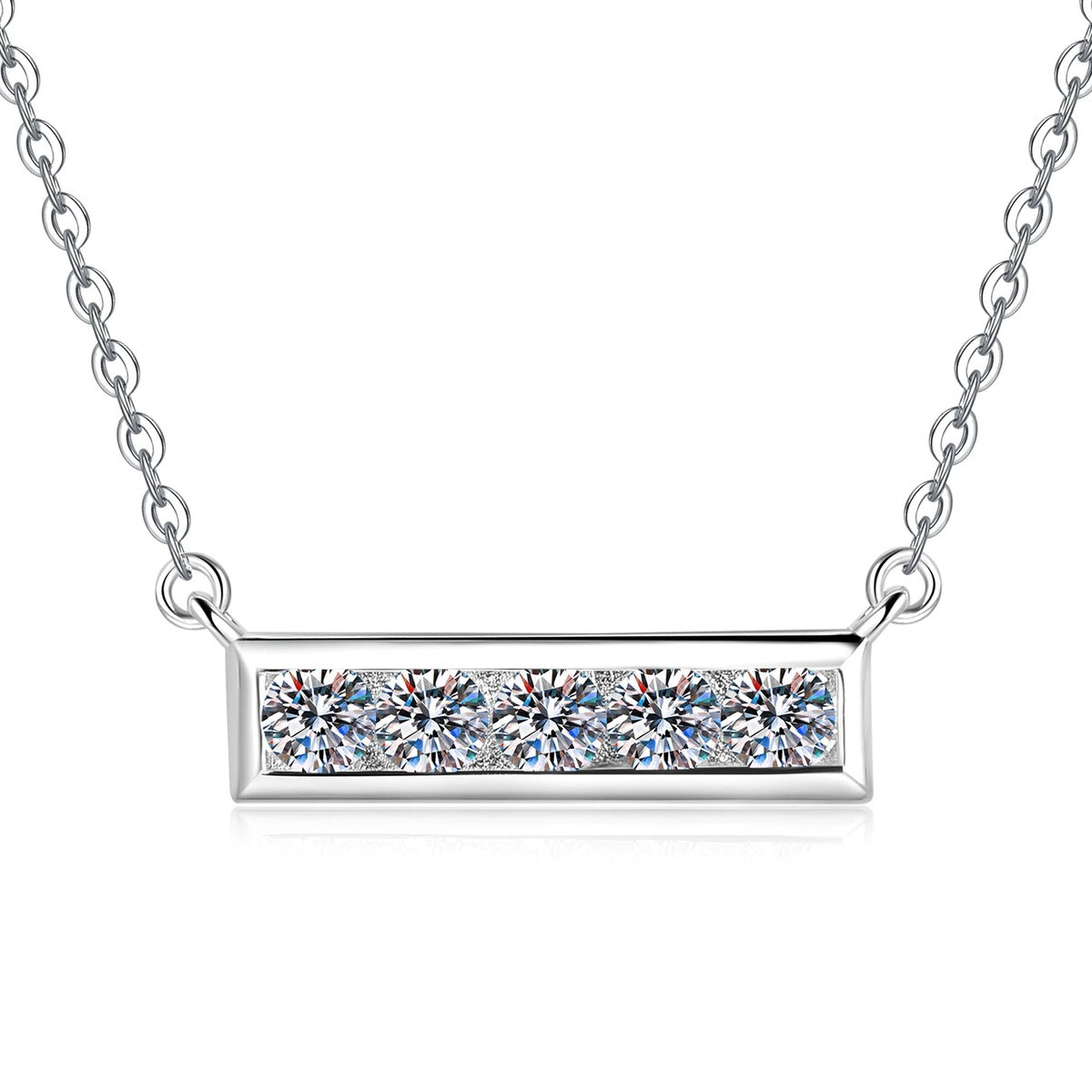 Five-Stone Moissanite Bar Necklace in Platinum-Plated S925 Sterling Silver on clean white background showing the horizontal bar necklace set with five round moissanite stones