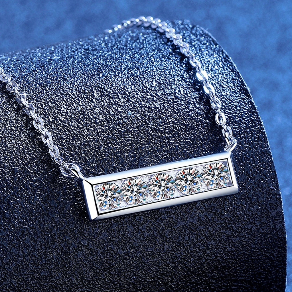 Five-Stone Moissanite Bar Necklace in Platinum-Plated S925 Sterling Silver blue background product view