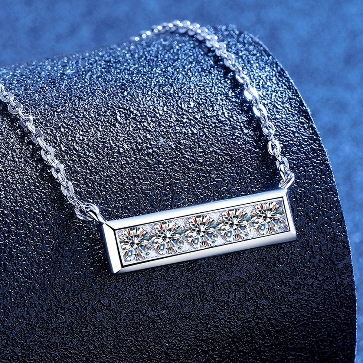 Five-Stone Moissanite Bar Necklace in Platinum-Plated S925 Sterling Silver blue background product view