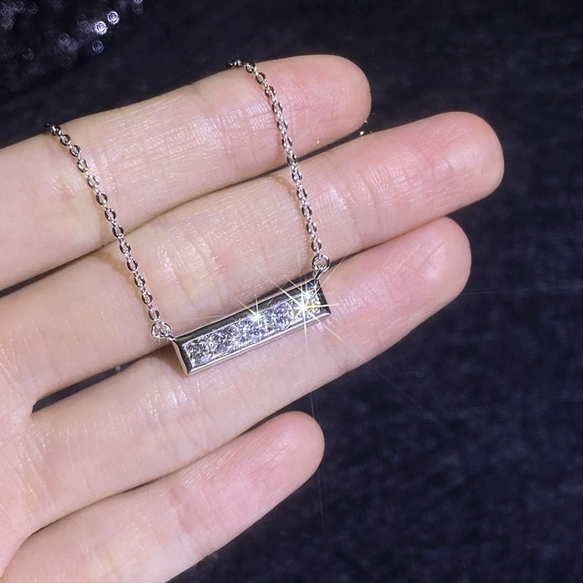 Five-Stone Moissanite Bar Necklace in Platinum-Plated S925 Sterling Silver close-up product detail view