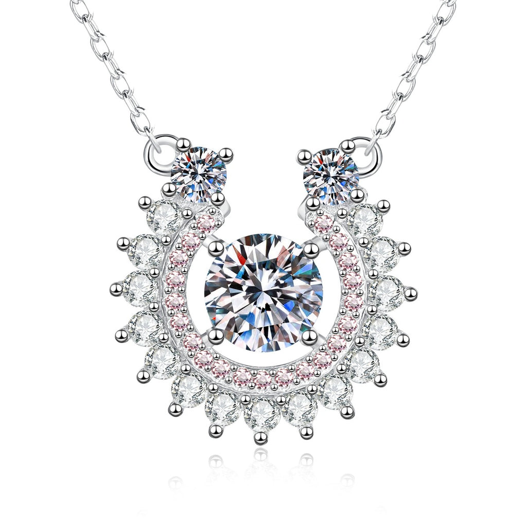 Sunburst Moissanite Pendant Necklace with Cubic Zirconia in Platinum-Plated S925 Sterling Silver on clean white background showing the sunburst halo pendant with a round moissanite center