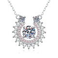 Sunburst Moissanite Pendant Necklace with Cubic Zirconia in Platinum-Plated S925 Sterling Silver on clean white background showing the sunburst halo pendant with a round moissanite center