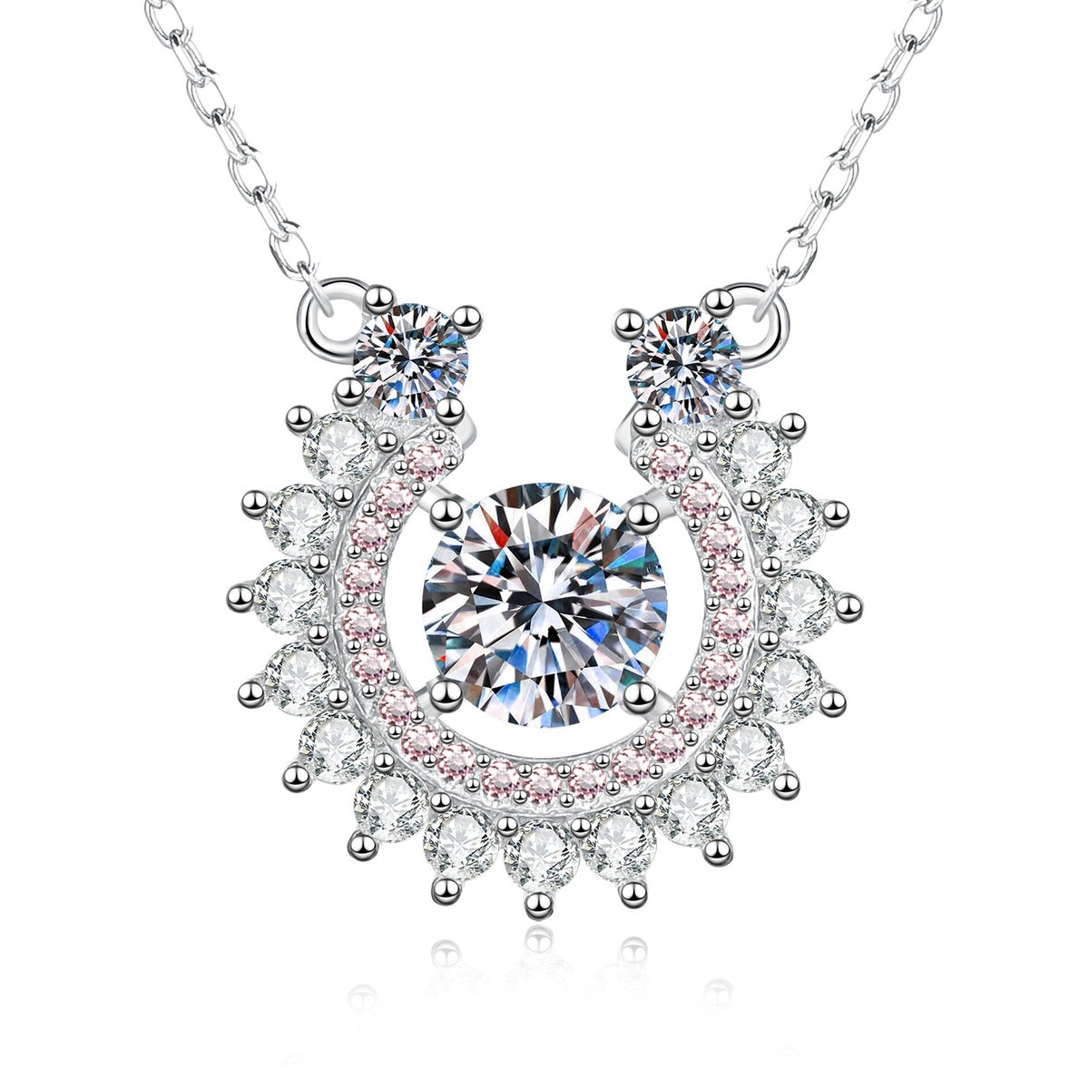 Sunburst Moissanite Pendant Necklace with Cubic Zirconia in Platinum-Plated S925 Sterling Silver on clean white background showing the sunburst halo pendant with a round moissanite center