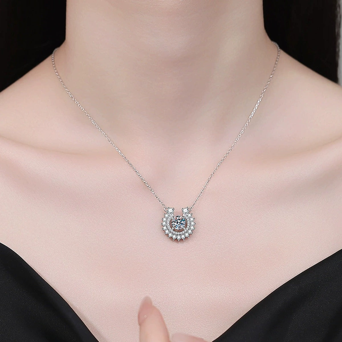 Sunburst Moissanite Pendant Necklace with Cubic Zirconia in Platinum-Plated S925 Sterling Silver worn on neckline by model