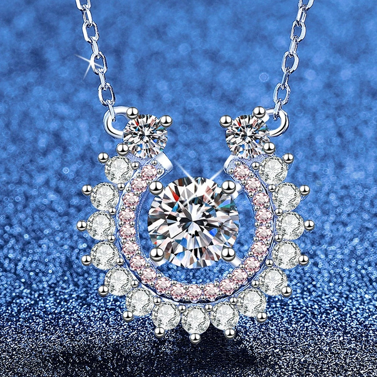 Sunburst Moissanite Pendant Necklace with Cubic Zirconia in Platinum-Plated S925 Sterling Silver blue background product view