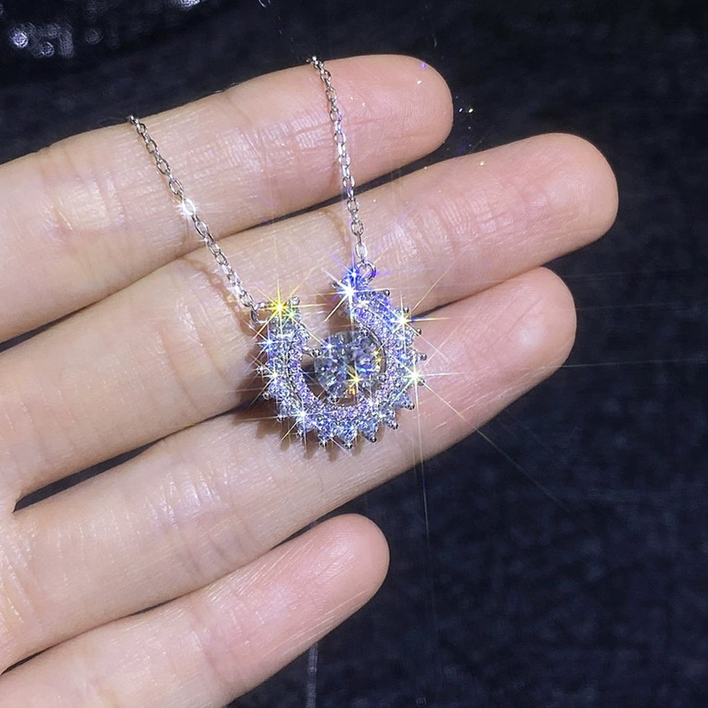 Sunburst Moissanite Pendant Necklace with Cubic Zirconia in Platinum-Plated S925 Sterling Silver close-up product detail view