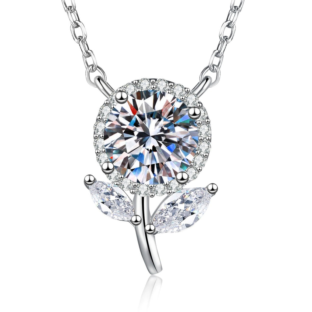 Floral Bud Moissanite Pendant Necklace with Cubic Zirconia in Platinum-Plated S925 Sterling Silver on clean white background showing the floral bud pendant with a round moissanite center and cubic zirconia accents