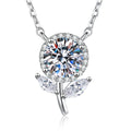 Floral Bud Moissanite Pendant Necklace with Cubic Zirconia in Platinum-Plated S925 Sterling Silver on clean white background showing the floral bud pendant with a round moissanite center and cubic zirconia accents