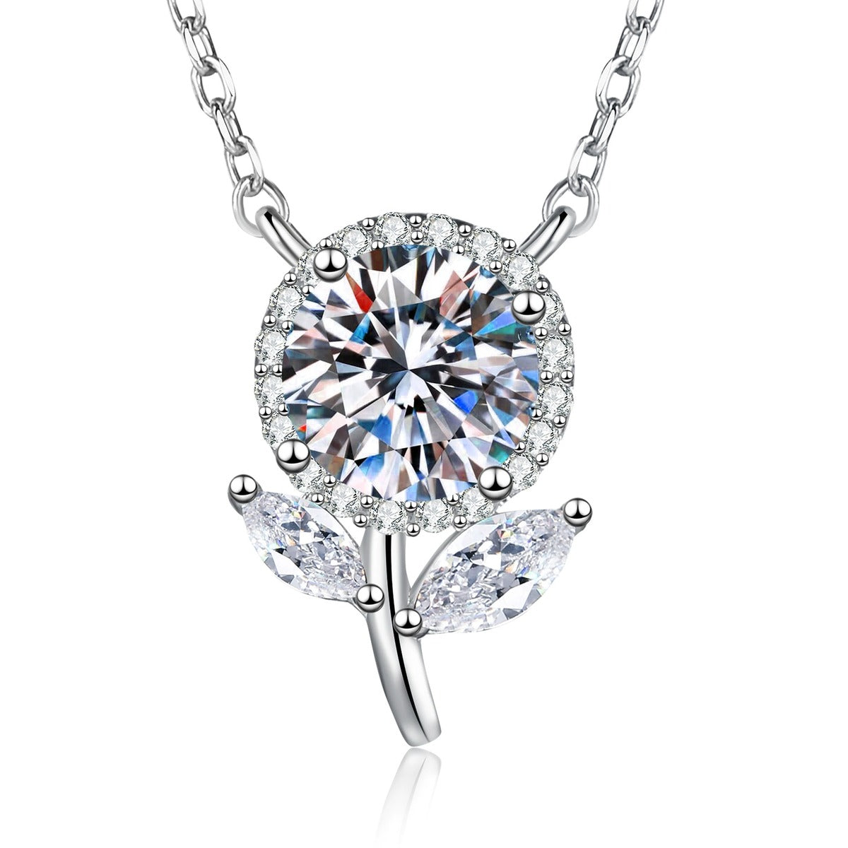Floral Bud Moissanite Pendant Necklace with Cubic Zirconia in Platinum-Plated S925 Sterling Silver on clean white background showing the floral bud pendant with a round moissanite center and cubic zirconia accents