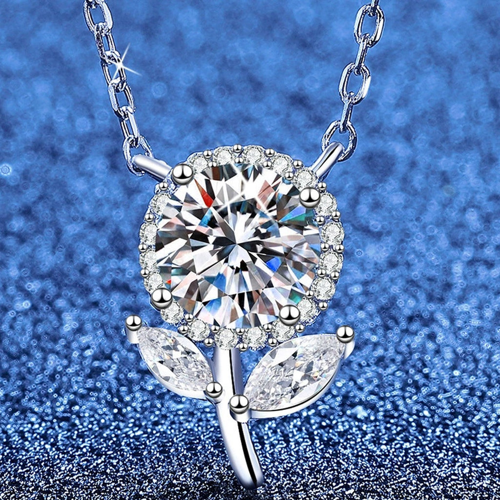 Floral Bud Moissanite Pendant Necklace with Cubic Zirconia in Platinum-Plated S925 Sterling Silver blue background product view