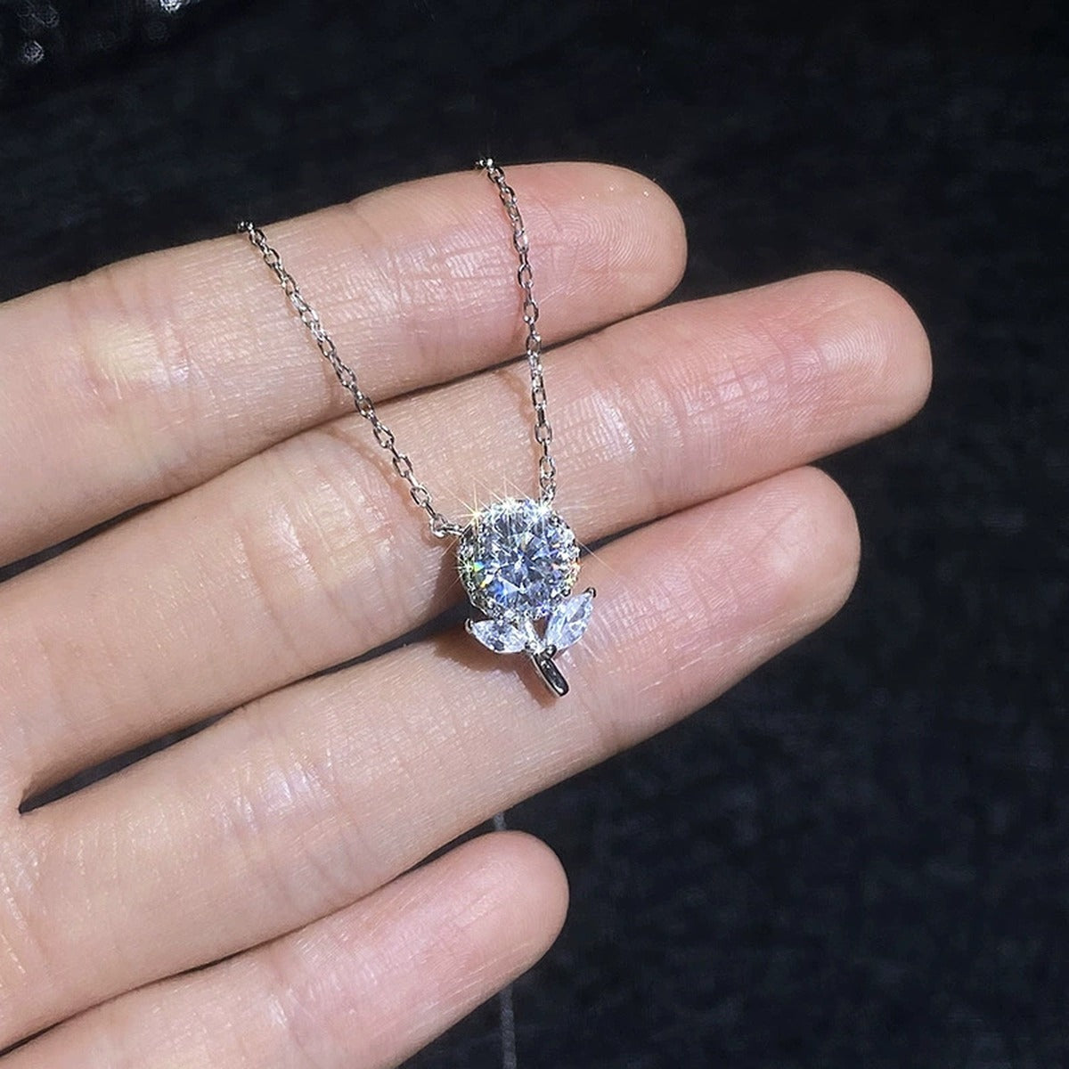 Floral Bud Moissanite Pendant Necklace with Cubic Zirconia in Platinum-Plated S925 Sterling Silver close-up product detail view