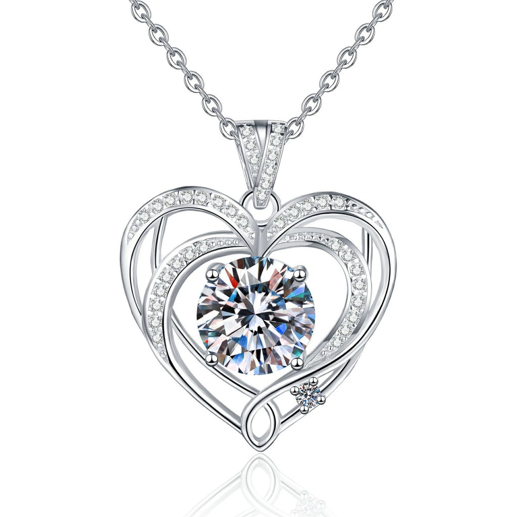 Open Heart Moissanite Pendant Necklace with Cubic Zirconia in Platinum-Plated S925 Sterling Silver on clean white background showing the open heart pendant with a large round moissanite center
