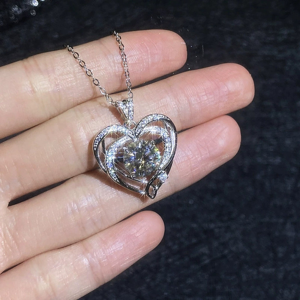 Open Heart Moissanite Pendant Necklace with Cubic Zirconia in Platinum-Plated S925 Sterling Silver close-up product detail view