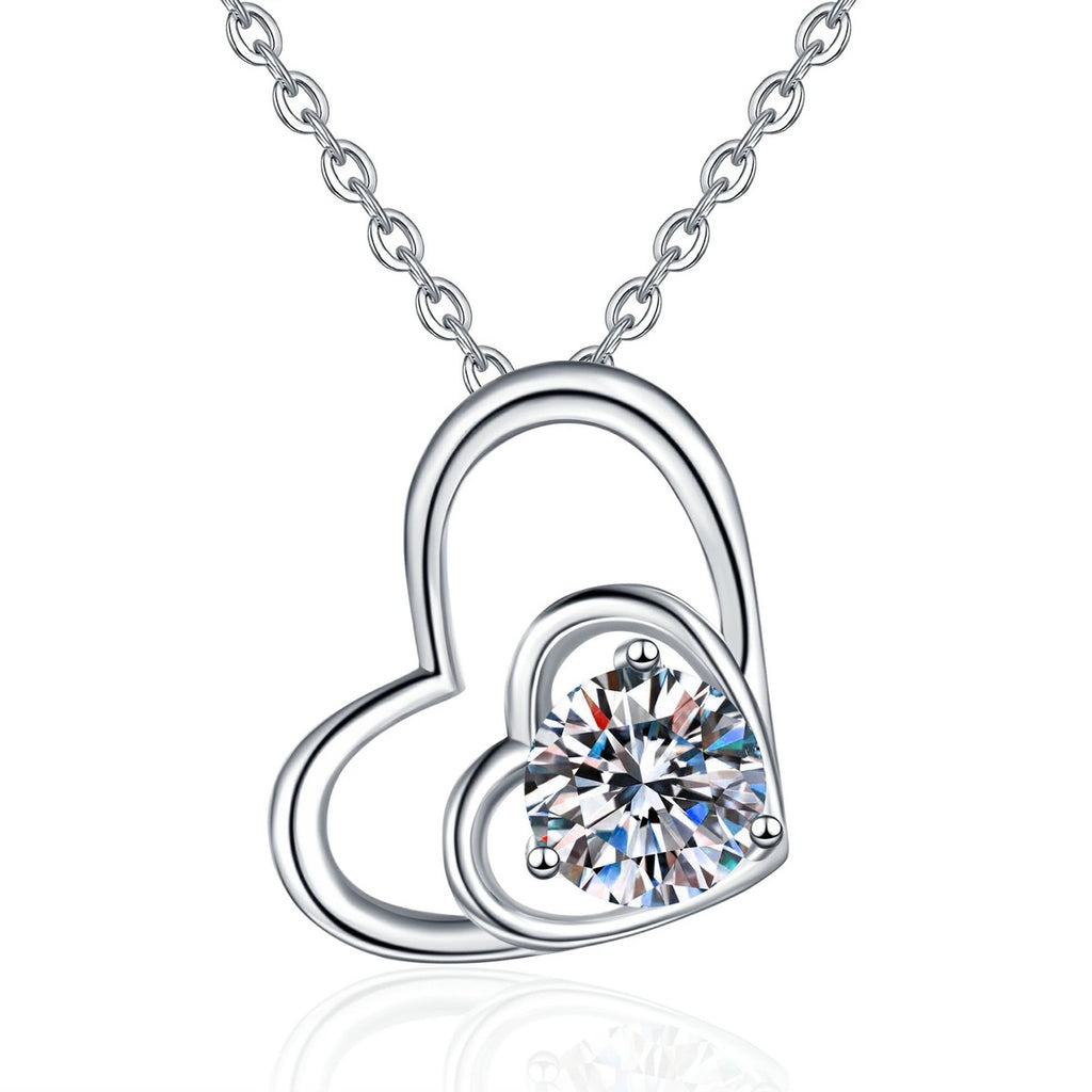 Double Heart Moissanite Pendant Necklace with Cubic Zirconia in White Gold-Plated S925 Sterling Silver on clean white background showing the double heart pendant with a round moissanite center and cubic zirconia accents